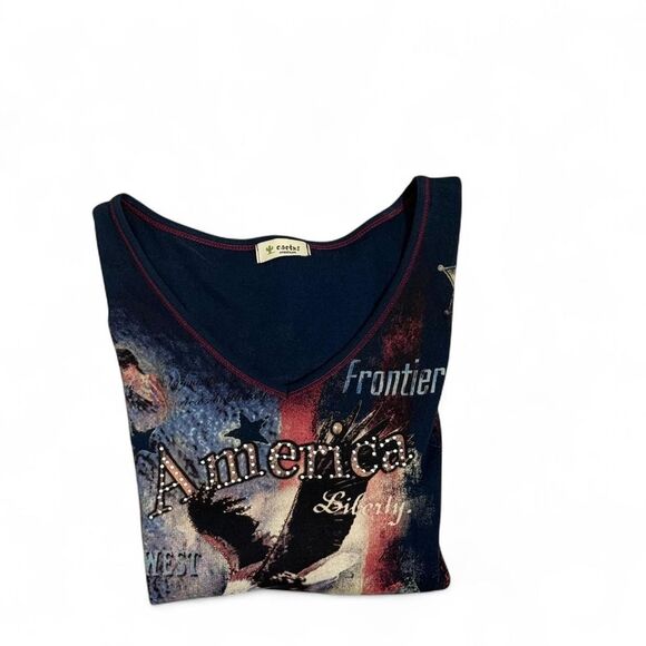 Vintage Americana bold and unique 1990s Patriotic Navy Long Sleeve Tee | M - Picture 8 of 8